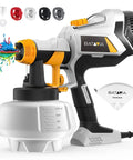 Upgraded 700W HVLP Electric Paint Sprayer with 1200ML Tank and 4 Nozzles shown in detail with paint colors and logo
