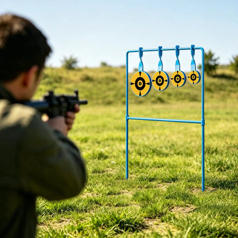 Shooter aiming at Beefy 3/8 Inch Auto Reset Spinner Target For Centerfire Handguns Up To.44 Magnum Outdoor Steel Target in field