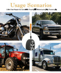 Images showing motorcycle, truck, tractor, and semi-truck, with 64 Piece Tire Repair Kit With Four Sizes Screw In Plugs, Nitrile Gloves And Screwdriver, Fast Self Service Vacuum Patch Tool For Car Truck Motorcycle Tractor Puncture Repair On The Go