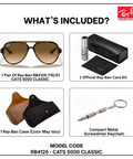 Image of RB4125 Pilot Shape Non Polarized Sunglasses For Men With Included Eyewear Kit Ideal For Formal And Casual Wear Clear Gradient Brown Lenses Everyday Street Ready Style With Modern Edge, featuring sunglasses, case, care kit, and screwdriver keychain displayed separately.