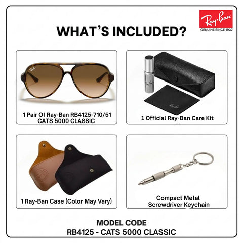 Image of RB4125 Pilot Shape Non Polarized Sunglasses For Men With Included Eyewear Kit Ideal For Formal And Casual Wear Clear Gradient Brown Lenses Everyday Street Ready Style With Modern Edge, featuring sunglasses, case, care kit, and screwdriver keychain displayed separately.