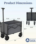 Heavy Duty Collapsible Wagon Cart With Wheels 220 Pound Capacity Mini Foldable Portable Wagon With Adjustable Handle For Camping Garden Beach Sports And Shopping Gray, dimensions and 220 lb capacity shown.