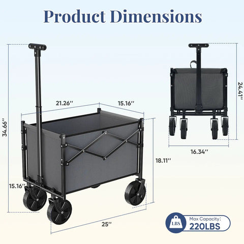 Heavy Duty Collapsible Wagon Cart With Wheels 220 Pound Capacity Mini Foldable Portable Wagon With Adjustable Handle For Camping Garden Beach Sports And Shopping Gray, dimensions and 220 lb capacity shown.