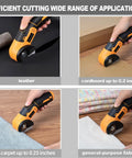 Jomeda Cordless Electric Scissors With Rechargeable Led Light And Safety Lock 4V Rotary Cutter For Fabric Cardboard Leather Carpet Pvc Boxes High Speed 400Rpm Cutting Tools Yellow cutting leather and cardboard.