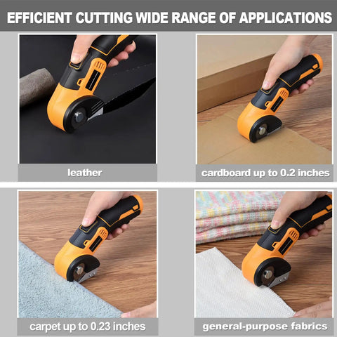 Jomeda Cordless Electric Scissors With Rechargeable Led Light And Safety Lock 4V Rotary Cutter For Fabric Cardboard Leather Carpet Pvc Boxes High Speed 400Rpm Cutting Tools Yellow cutting leather and cardboard.