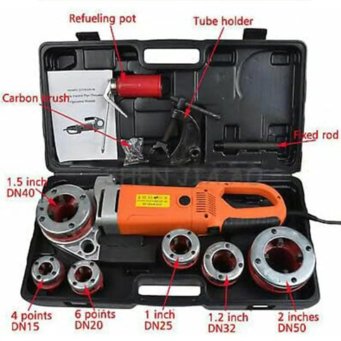 Heavy Duty Electric Pipe Threader And Cutter Kit With Four Swappable Die Heads For Galvanized Iron And PVC Tubing in a storage case