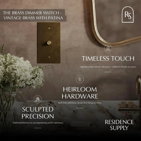 Bulletproof Quality Solid Brass Rotary Dimmer Switch Featuring UL Certified Safety Ratings 100 Percent Pure Core And No Sweat Wiring Job For Upscale Home Decor Projects That Gotta Feel Premium on vintage wall with flowers.