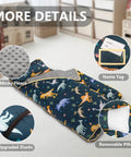 Cozy Toddler Nap Mat With Pillow All In One Thickened Extra Large Sleeping Bag For Travel Daycare Naps Plush Minky Dot Lining And Ultra Soft Comfort Everyday, featuring dinosaur print and detailed inserts of minky fleece, name tag, upgraded elastic, and removable pillow.