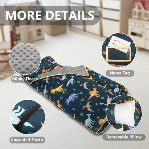 Cozy Toddler Nap Mat With Pillow All In One Thickened Extra Large Sleeping Bag For Travel Daycare Naps Plush Minky Dot Lining And Ultra Soft Comfort Everyday, featuring dinosaur print and detailed inserts of minky fleece, name tag, upgraded elastic, and removable pillow.