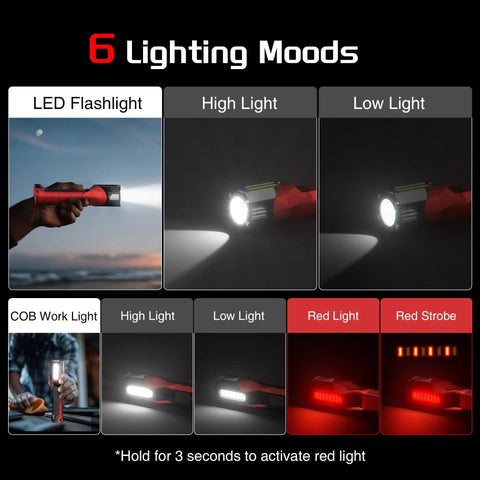 Rechargeable Beast 1200 Lumen Work Light With 160 Degree Swivel Head Magnetic Base And Hooks Dual COB Flood Light And LED Spotlight 6 Modes diagram