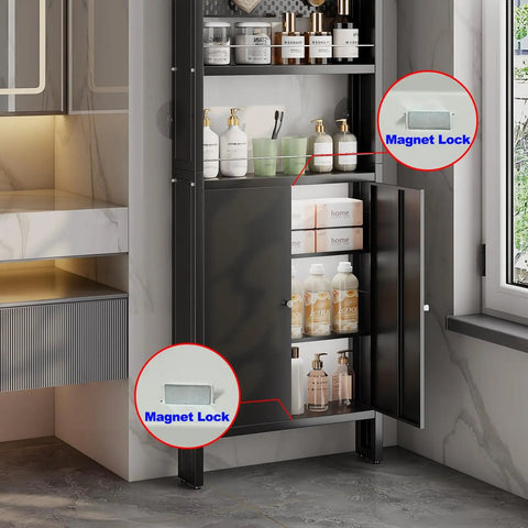 Behind-Door Organizer Cabinet with Pegboard Panels, 69-inch tall, black metal, installed in a bathroom next to a counter.