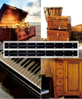 Heavy Duty Black Piano Hinges 14 Inch, Solid Stainless Steel 304 Continuous Door Hardware, Smooth Glide Action For Cabinet And DIY Builds, Built To Handle The Daily Grind displayed with wooden storage and piano keys.
