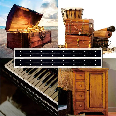 Heavy Duty Black Piano Hinges 14 Inch, Solid Stainless Steel 304 Continuous Door Hardware, Smooth Glide Action For Cabinet And DIY Builds, Built To Handle The Daily Grind displayed with wooden storage and piano keys.