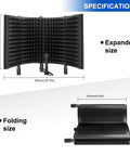 Top Shelf Microphone Isolation Shield With Snap Fit Pop Filter in expanded and folded sizes showing dimensions and design.