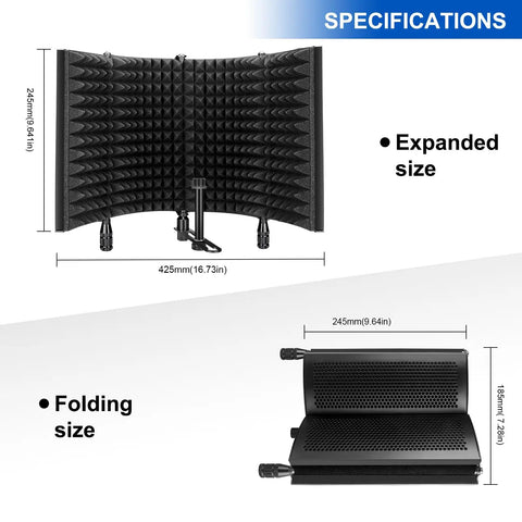 Top Shelf Microphone Isolation Shield With Snap Fit Pop Filter in expanded and folded sizes showing dimensions and design.