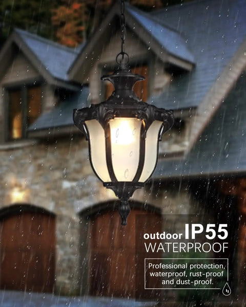 Rustic Victorian Outdoor Pendant Light E26 Waterproof Aluminum Hanging Lantern in rain by stone house