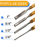 Built Tough 4 Piece Bench Chisel Set For Serious Woodworkers Carved From Top Shelf Chrome Vanadium Steel Blades, showing 4 sizes.