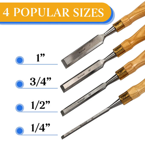 Built Tough 4 Piece Bench Chisel Set For Serious Woodworkers Carved From Top Shelf Chrome Vanadium Steel Blades, showing 4 sizes.