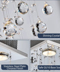 Close-up of Dope Chrome Modern Crystal Raindrop Chandelier Flush Mount LED Ceiling Light Fixture showing crystal and GU10 socket.