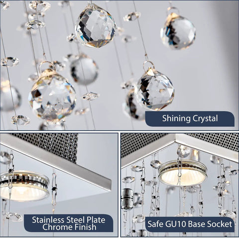 Close-up of Dope Chrome Modern Crystal Raindrop Chandelier Flush Mount LED Ceiling Light Fixture showing crystal and GU10 socket.