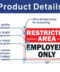 2 Pack Restricted Area Employees Only Sign 10x7 Inches Aluminum Rust Free UV Protected Weather Resistant Waterproof Durable Ink Easy Mount No Entry For Unauthorized Folks High Visibility Security Notice For Offices Warehouses And Shops, front view