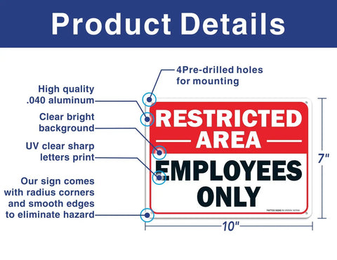 2 Pack Restricted Area Employees Only Sign 10x7 Inches Aluminum Rust Free UV Protected Weather Resistant Waterproof Durable Ink Easy Mount No Entry For Unauthorized Folks High Visibility Security Notice For Offices Warehouses And Shops, front view