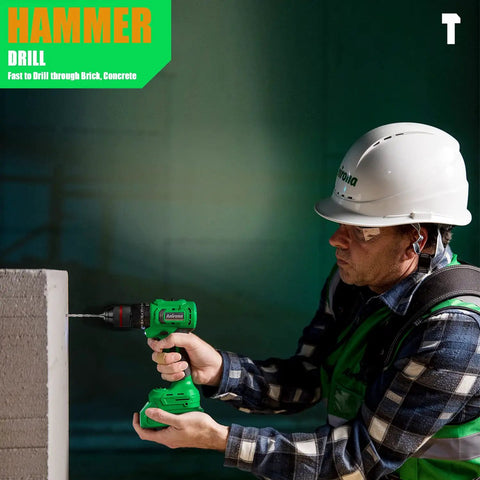 Worker using 20V Brushless Cordless Drill Kit With Hammer Mode Beast Power Dual 2Ah Batteries to drill concrete wall