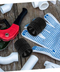 Two Piece Inner Outer Reamer Deburring Tool Set For Water Pipes next to gloves and pipe cutter on wooden surface