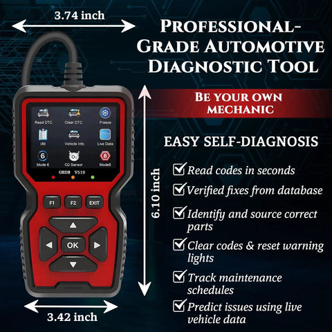 V519 OBD2 CAN Diagnostic Scanner Pro Grade With Live Data Battery Test shown with dimensions and features