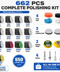 Image of Top Shelf Drill Polishing Kit With 662 Pcs Sanding Discs And Buffing Pads, including 650 sanding discs and accessories.