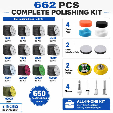 Image of Top Shelf Drill Polishing Kit With 662 Pcs Sanding Discs And Buffing Pads, including 650 sanding discs and accessories.