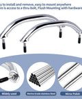 Marine Grade 316 Stainless Steel 8 Inch Boat Grab Bar Polished Handrail Heavy Duty Multipurpose Mounting Hardware With Included Screws For Dock Boat Cabin And Exterior Use shown with installation details and material