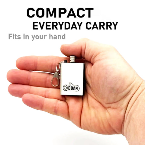 Lit Refillable Survival Fire Starter Keychain Tool For Camping And Hiking, Metal Emergency Lighter in hand for size reference.