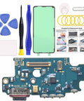 No Sweat Charging Port Dock Board Replacement Kit For Galaxy S25 Plus Us Variants with tools and components for repair.