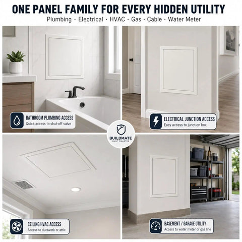 Sleek Quick Swap Access Panel 10X18 Inch Featuring Magnetic Aluminum Frame And Tough Galvanized Steel For Drywall Ceiling Plumbing Electrical HVAC Jobsite Renovation Smooth Install in bathroom and garage settings.