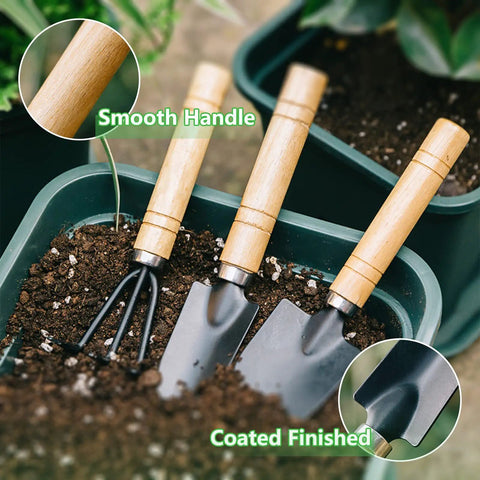 Six Piece Iron Garden Tool Set With Hand Shovels Transplant Shovel And Hand Rake, Wood Non Slip Handles in soil pots