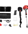Tough 52cc Gas Powered Handheld Sweeper With Cushioned Grip And Widened 20 Inch Nylon Brush, tools and accessories laid out.