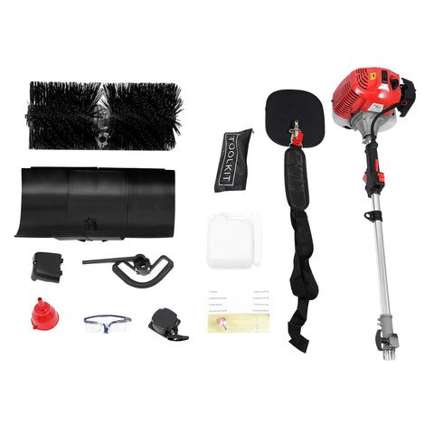 Tough 52cc Gas Powered Handheld Sweeper With Cushioned Grip And Widened 20 Inch Nylon Brush, tools and accessories laid out.