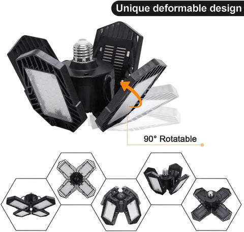 Four Pack 100W Deformable LED Garage Lights With 10000 Lumens Daylight 6000K E26 Ceiling Lighting, ultra bright, adjustable