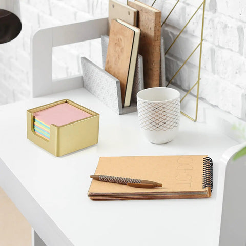 Gold Wood Sticky Note Holder For 3x3 Post It Notes on a desk with notebook and pen, ideal for office and school use.