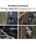 Compact Super Versatile Rechargeable Clip On Flashlight Packing 600 Lumens White Light With Uv And Rgb Modes attached to keychain and backpack, used for car repair and as headlamp.