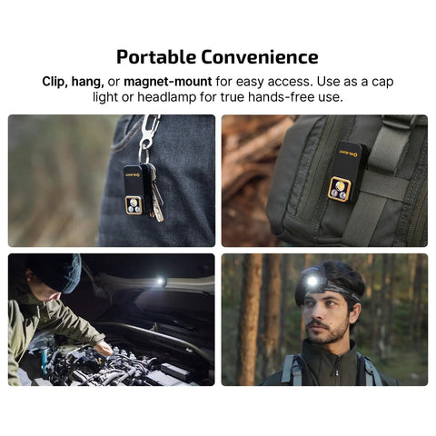 Compact Super Versatile Rechargeable Clip On Flashlight Packing 600 Lumens White Light With Uv And Rgb Modes attached to keychain and backpack, used for car repair and as headlamp.