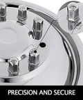Close-up of Polished 19.5 Inch 10 Lug Wheel Simulators Stainless Steel Bolt Kit Hubcap Set showing bolts and mirror finish.