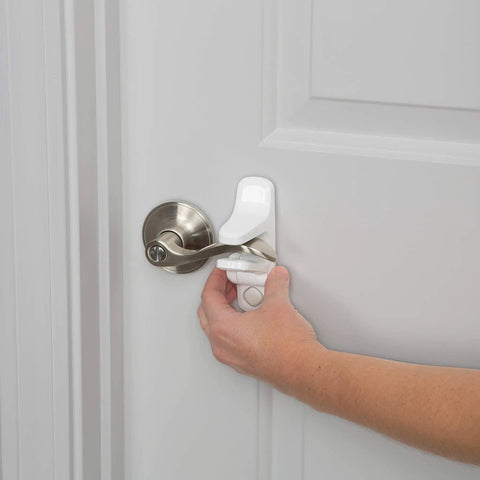 Outsmart Lever Handle Lock 2 Pack White Easy Install Kidproof Door Safety for Lever Handles, fits most levers shown in use