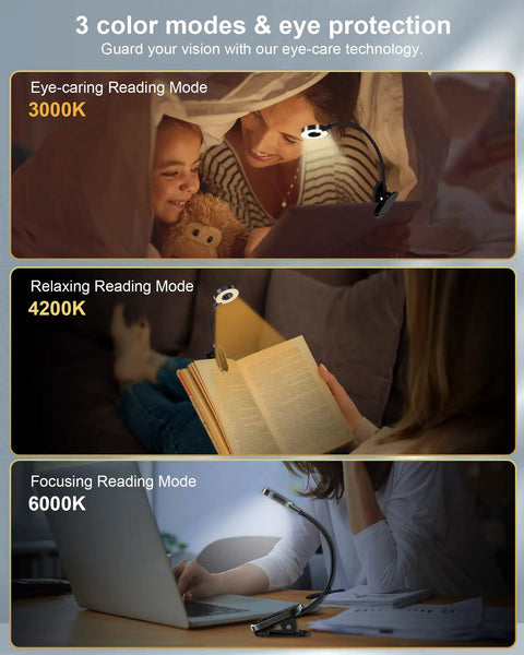 Rechargeable Clip On Book Light With Stepless Dimming And 3 Color Temperatures For Reading In Bed Ideal For Students And Night Owls LED Lamp Black Quick Charge Friendly