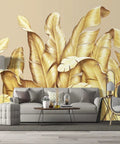 Gold Banana Leaf Botanical 3D Wall Mural For Bedroom And Living Room Huge 160 By 108 Inch Fabric Wallpaper Not Peel And Stick Seven Panels
