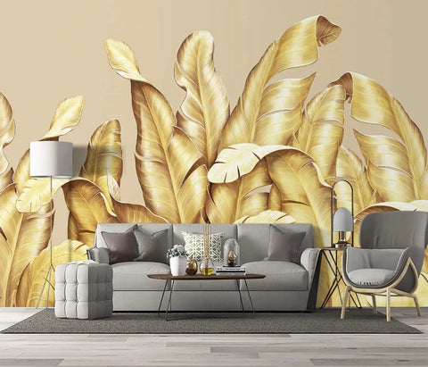 Gold Banana Leaf Botanical 3D Wall Mural For Bedroom And Living Room Huge 160 By 108 Inch Fabric Wallpaper Not Peel And Stick Seven Panels