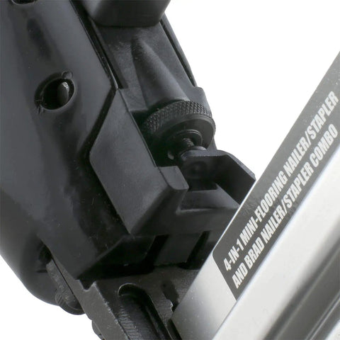 Close-up of 4-In-1 Pneumatic 18-Gauge Flooring Nailer, Brad Nailer, and Narrow Crown Stapler Do-It-All Pro-Grade Tool.
