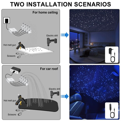 Split 4 Colors 12W Car Starlight Headliner Kit installation scenarios for home ceiling and car roof with fiber optic lights