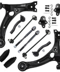 Beefed-Up Front End 12 Piece Suspension Kit For Toyota Corolla 2003 Through 2008 Replacement Includes Front Lower Control Arms, Ball Joints, Stabilizer Sway Bar End Links, Tie Rod Ends And Boots. Black steel suspension parts laid out on white background